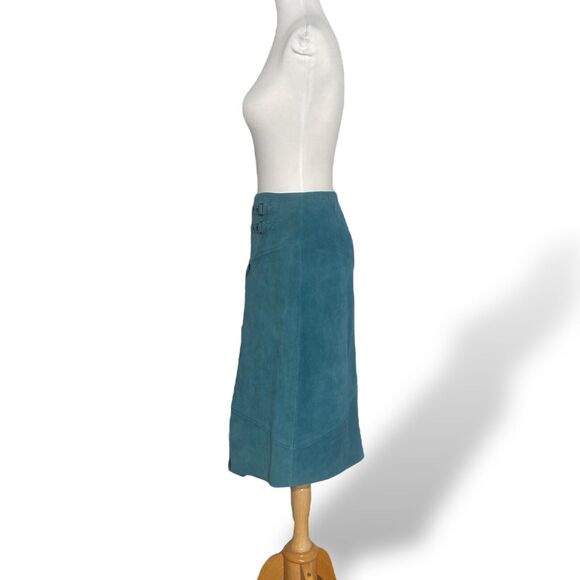 Anthropologie Leifsdottir Women Suede Leather Knee Length Skirt Teal Size 10 - Picture 4 of 14